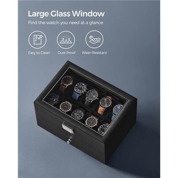 20 Slot Watch Box 2 Layer Glass Top Lockable Display Case Jewelry Organizer - Picture 6 of 8